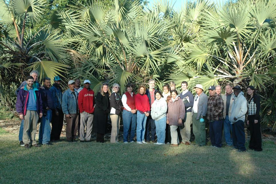 Left to right: 1. Chad Husby, 2. Lee Anderson, 3. Ansel Thomas, 4. Jesse Pender, 5. Jesse Jones, 6. Randy Russ, 7. "Marino" Pierre Valcourt, 8. Arantza Strader, 9. Judy Kay, 10. Vickie Murphy, 11. Laurie Danielson, 12. Larry Noblick, 13. Martha Lagos, 14. Anamaria Richcreek, 15. Stella Cuestas, 16. John Harshaw (back), 17. Patrick Griffith, 18. Hostillio Torres, 19. Juan Corona, 20. Jared Fogg, 21. Jack Bauer, 22. Willie Payne, 23. Tracy Magellan.  Staff photo Montgomery Botanical Center 2009.